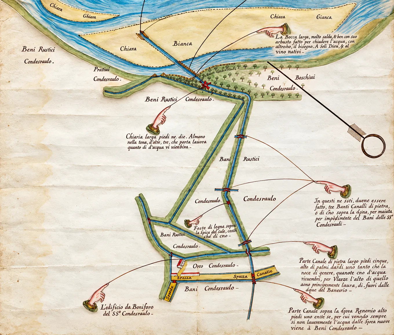 A hand-drawn historical map with annotations in Italian, showing fields, canals and roads.