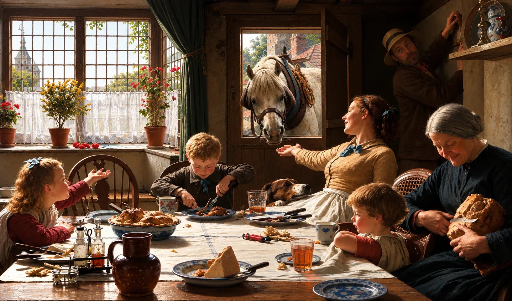 Painting of a family of three generations at a kitchen table, with children, their mother and grandmother, while the family horse looks in through the open door.